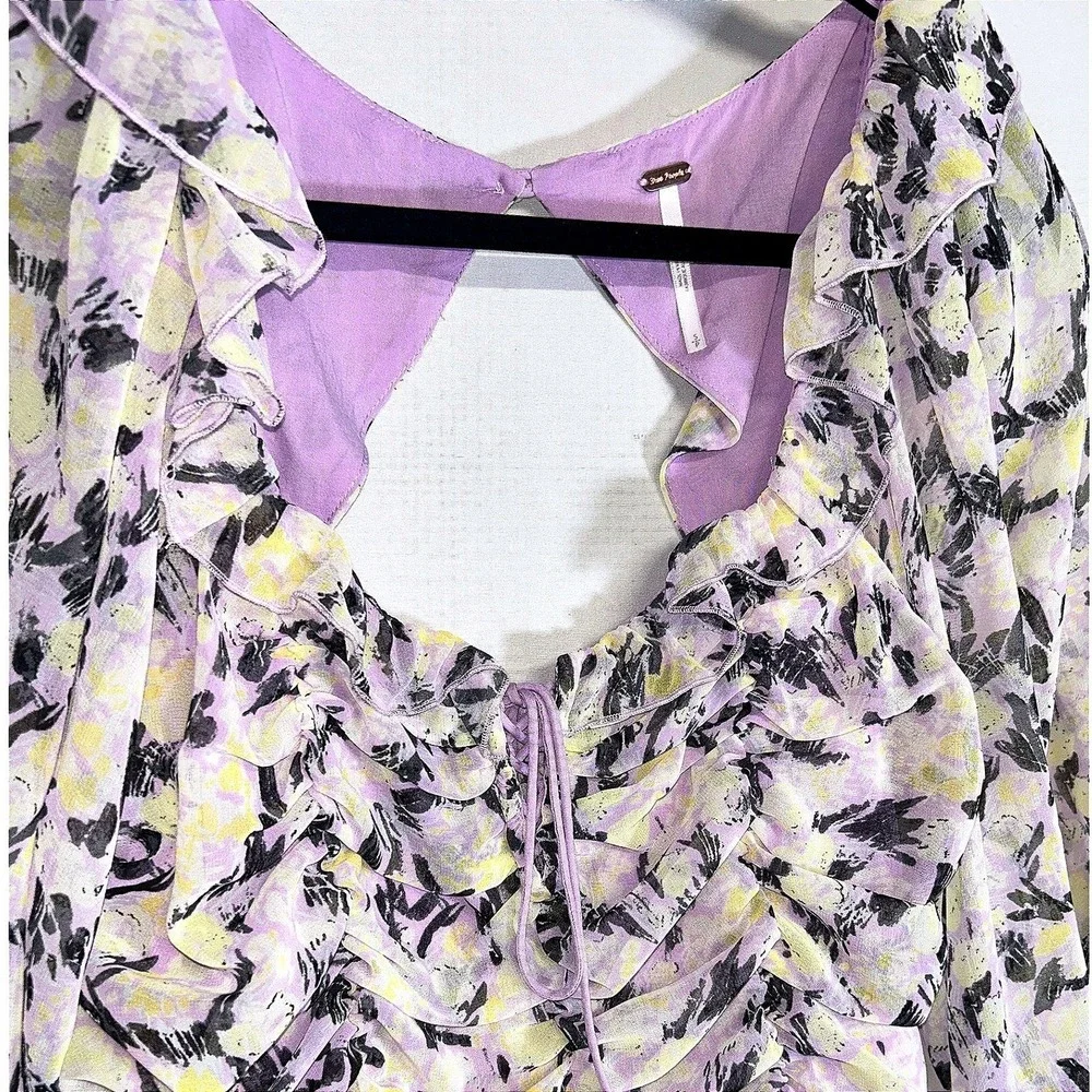 Free People Floral Ruched Puff Sleeve Crop Blouse Purple S